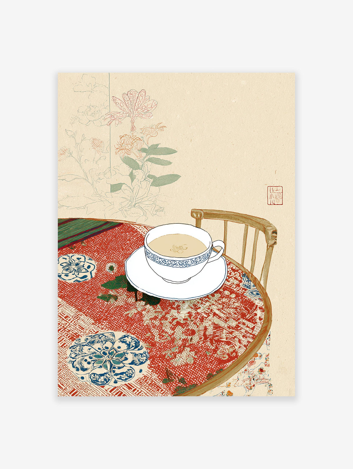 Illustrative wall art of a tea cup and saucer on a patterned red tablecloth with botanical background