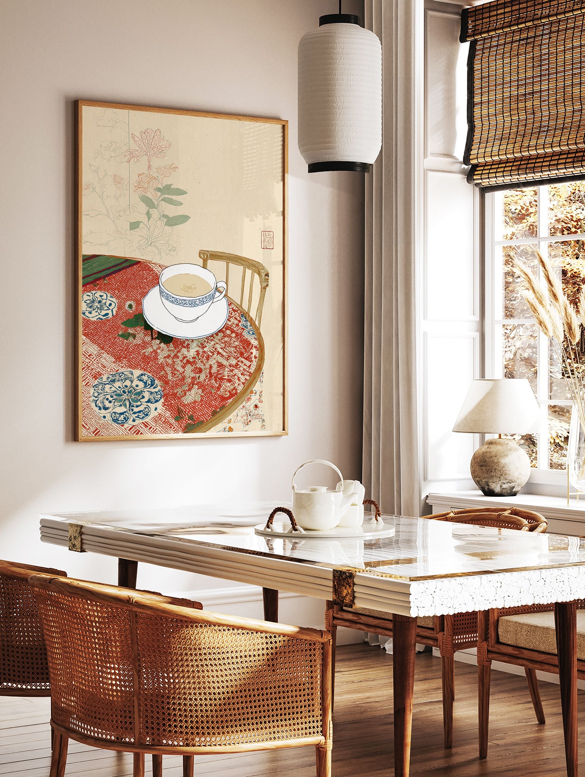 Illustrative wall art of a tea cup and saucer on a patterned red tablecloth with botanical background - Image 2