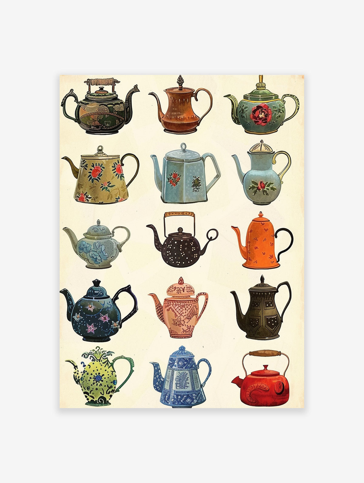 Vintage Teapot Poster, Teapot Varieties Print