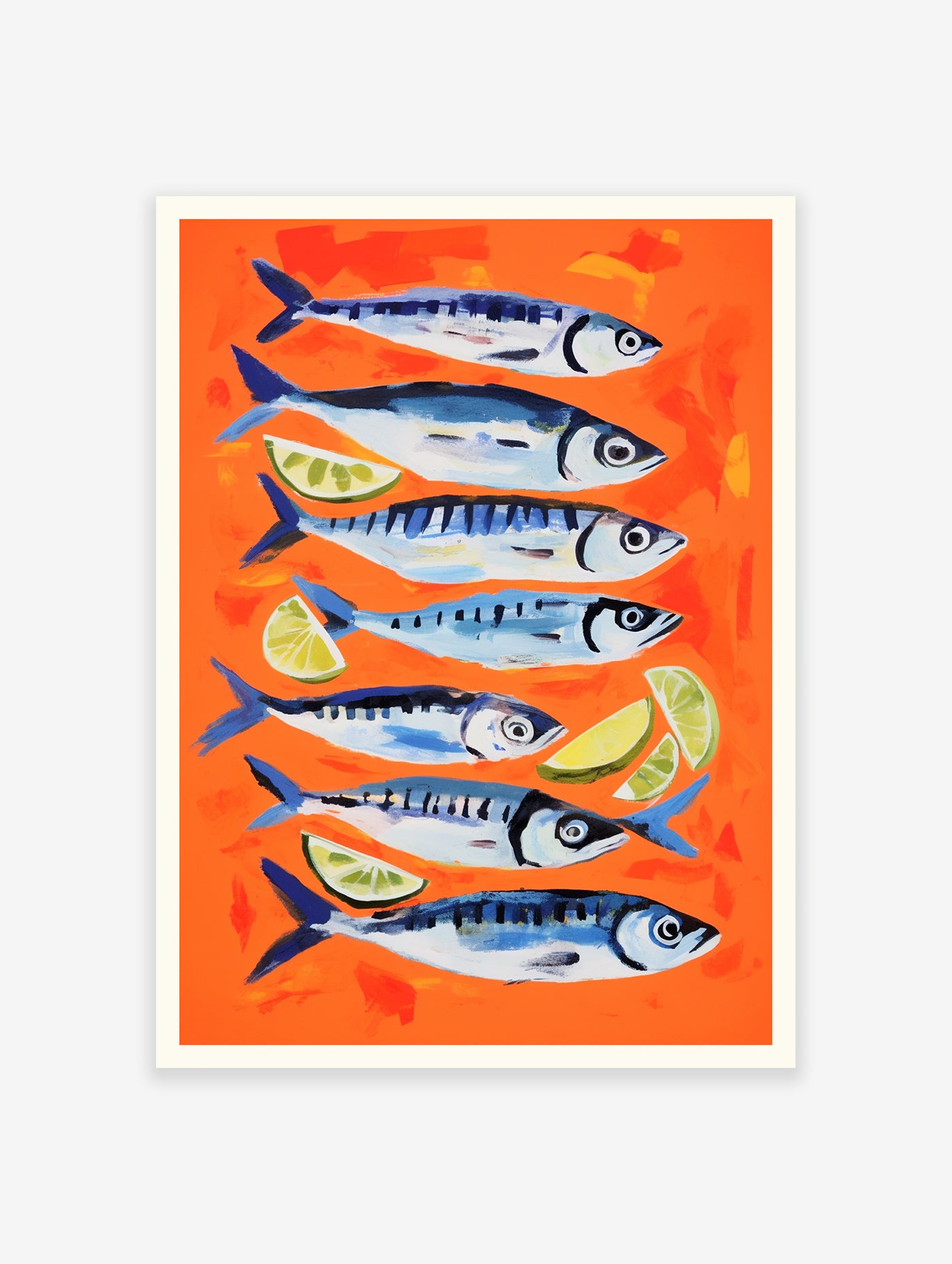 Painting of seven blue fish and lime wedges on a vibrant orange background.