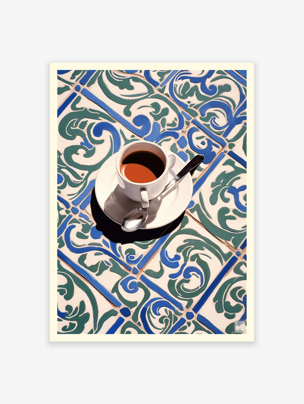 A cup of coffee with a spoon on a saucer, set against a background of blue and green patterned ceramic tiles.