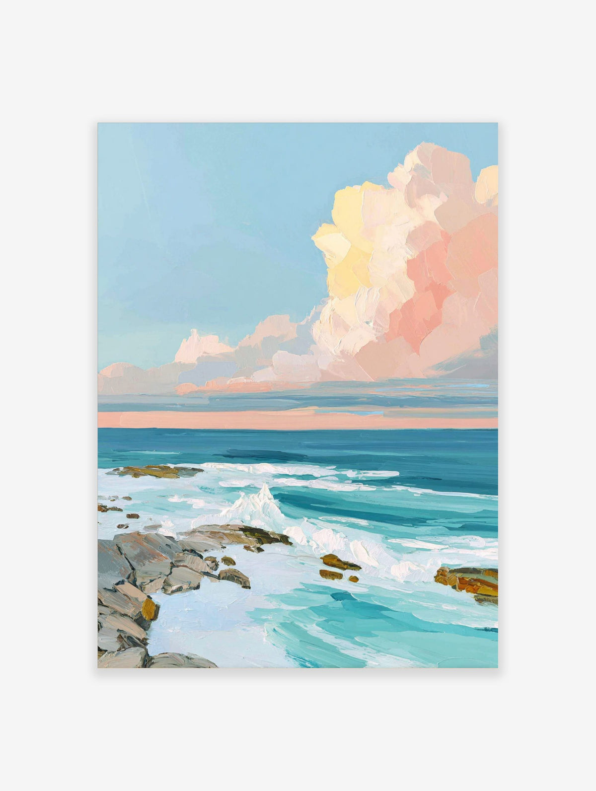 Impressionistic ocean wall art with crashing waves, rocky shore, and pastel pink and yellow clouds