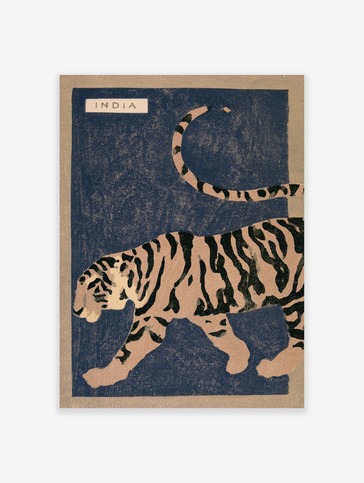 Vintage style India tiger poster with a tan and black tiger on a deep blue background, titled INDIA