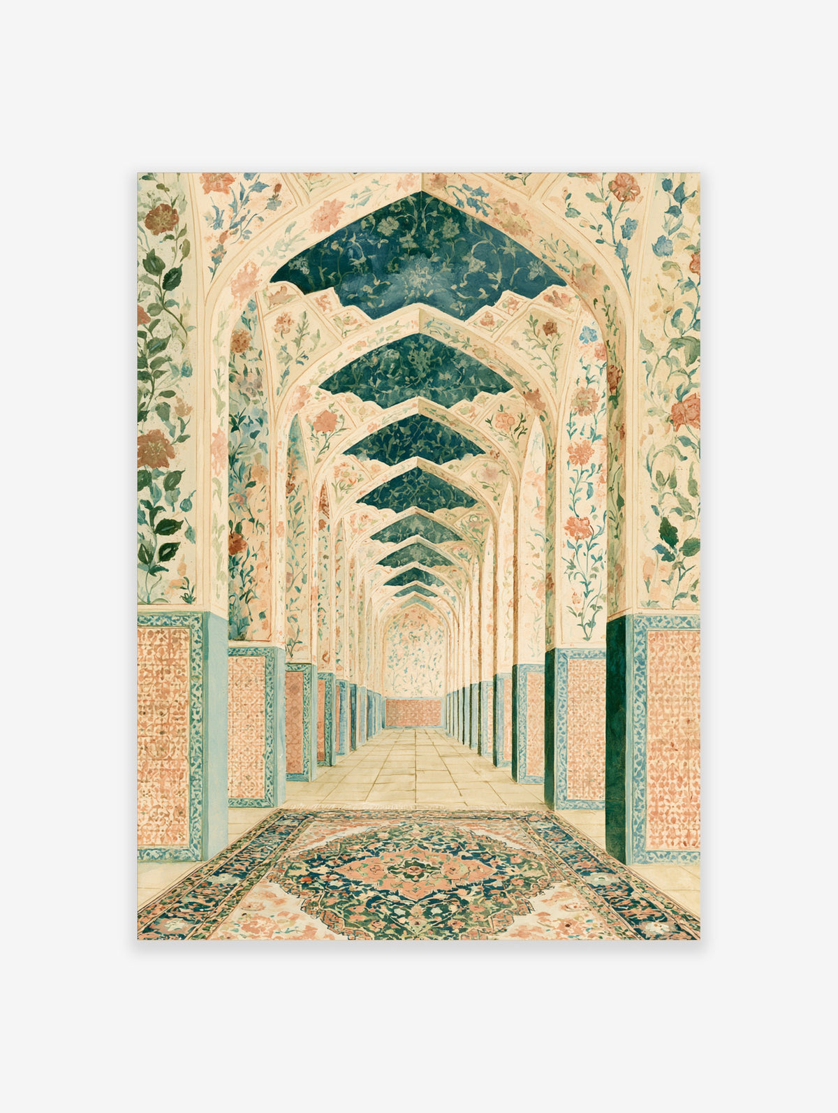 Indian arch floral hallway print with pastel pink and teal blossoms and a patterned rug