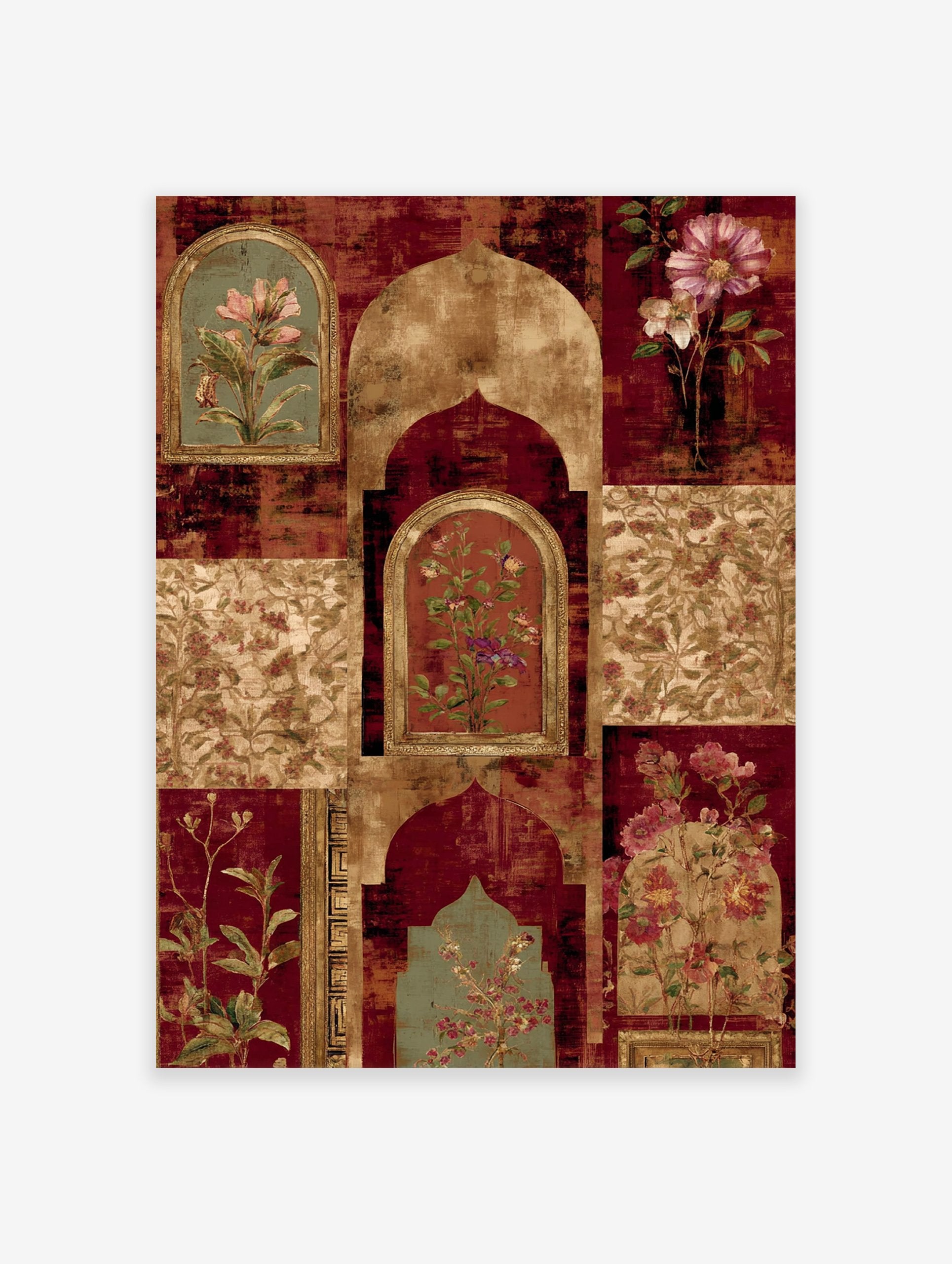 Indian-inspired botanical wall art with archways, framed flowers in red, gold, and green tones, featuring intricate patterns.