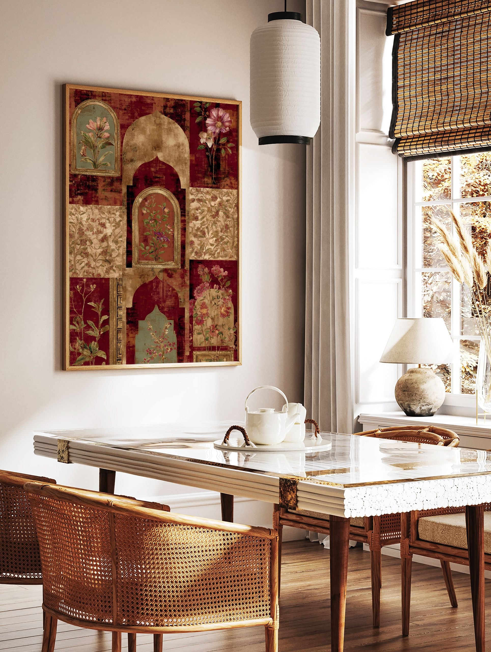 Indian-inspired botanical wall art with archways, framed flowers in red, gold, and green tones, featuring intricate patterns. - Image 3