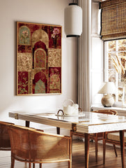 Indian-inspired botanical wall art with archways, framed flowers in red, gold, and green tones, featuring intricate patterns. - Image 3