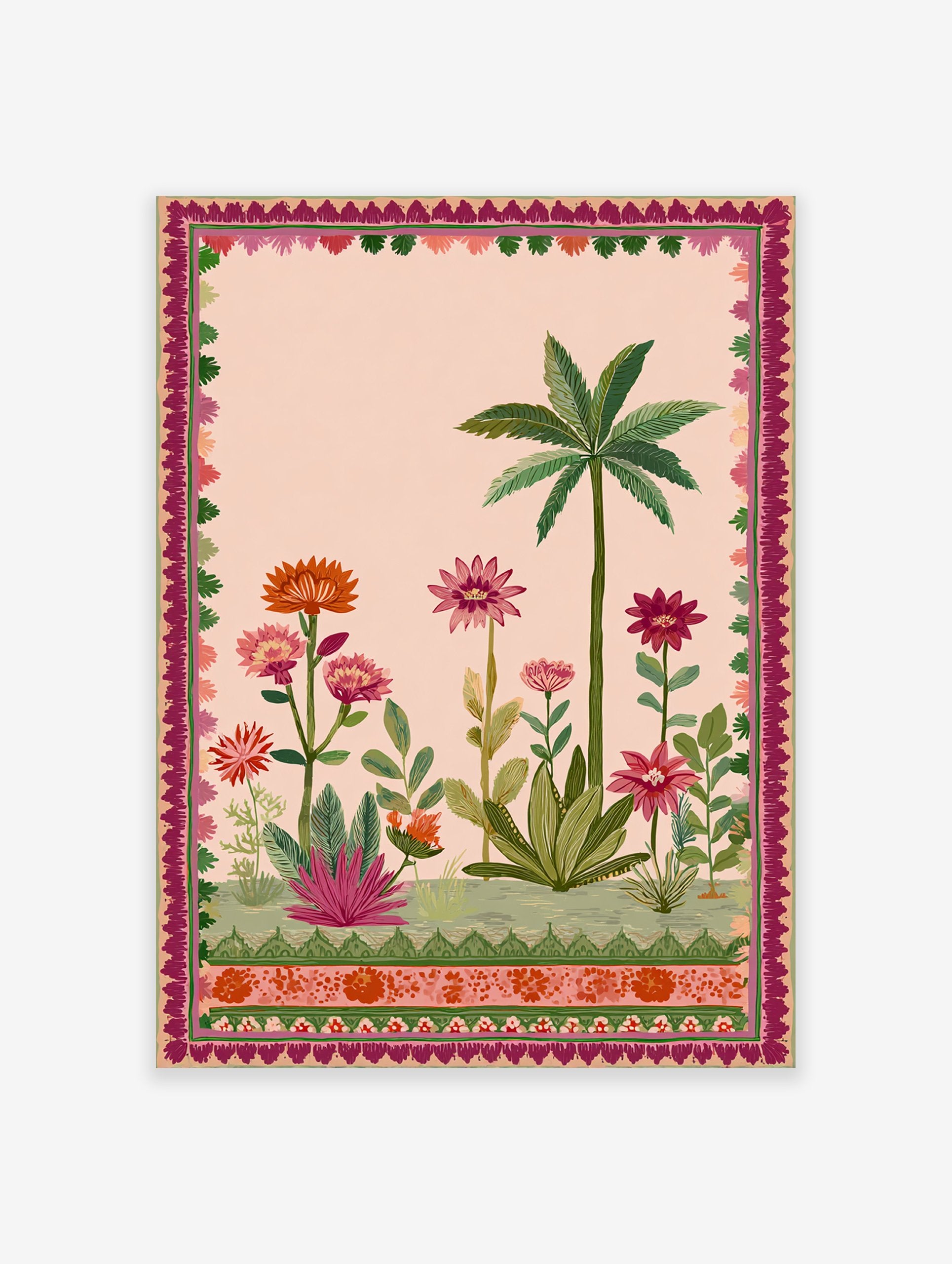 Indian botanical garden poster with a pink background, green palm tree, and vibrant pink, orange, and red flowers, framed by a decorative border.