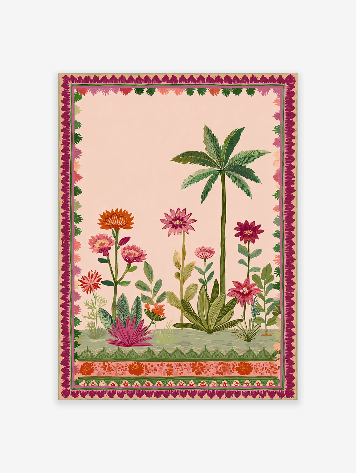 Indian botanical garden poster with a pink background, green palm tree, and vibrant pink, orange, and red flowers, framed by a decorative border.