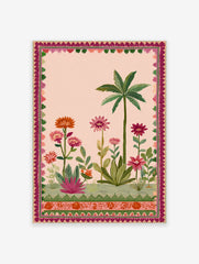 Indian botanical garden poster with a pink background, green palm tree, and vibrant pink, orange, and red flowers, framed by a decorative border.