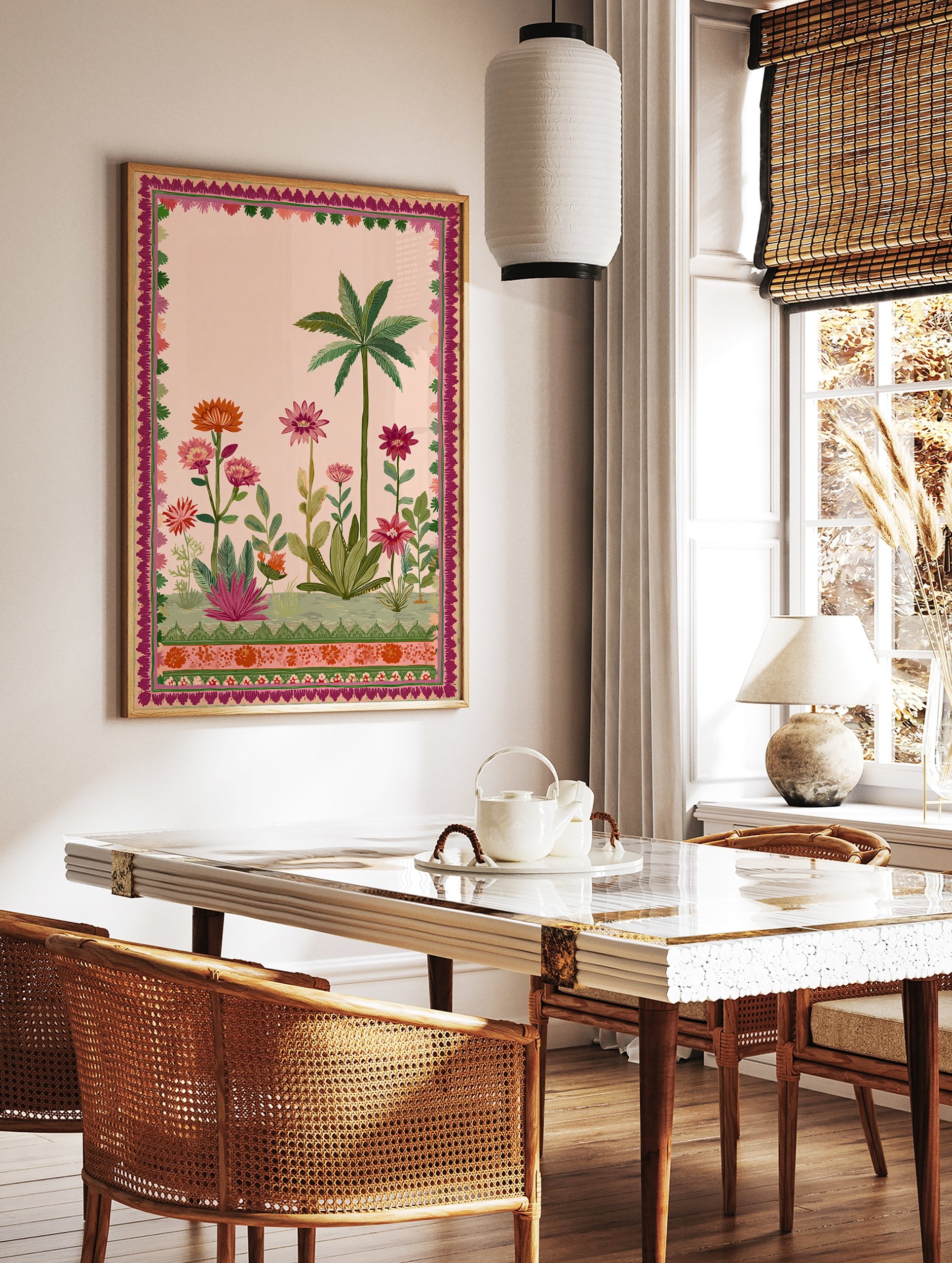 Indian botanical garden poster with a pink background, green palm tree, and vibrant pink, orange, and red flowers, framed by a decorative border. - Image 2