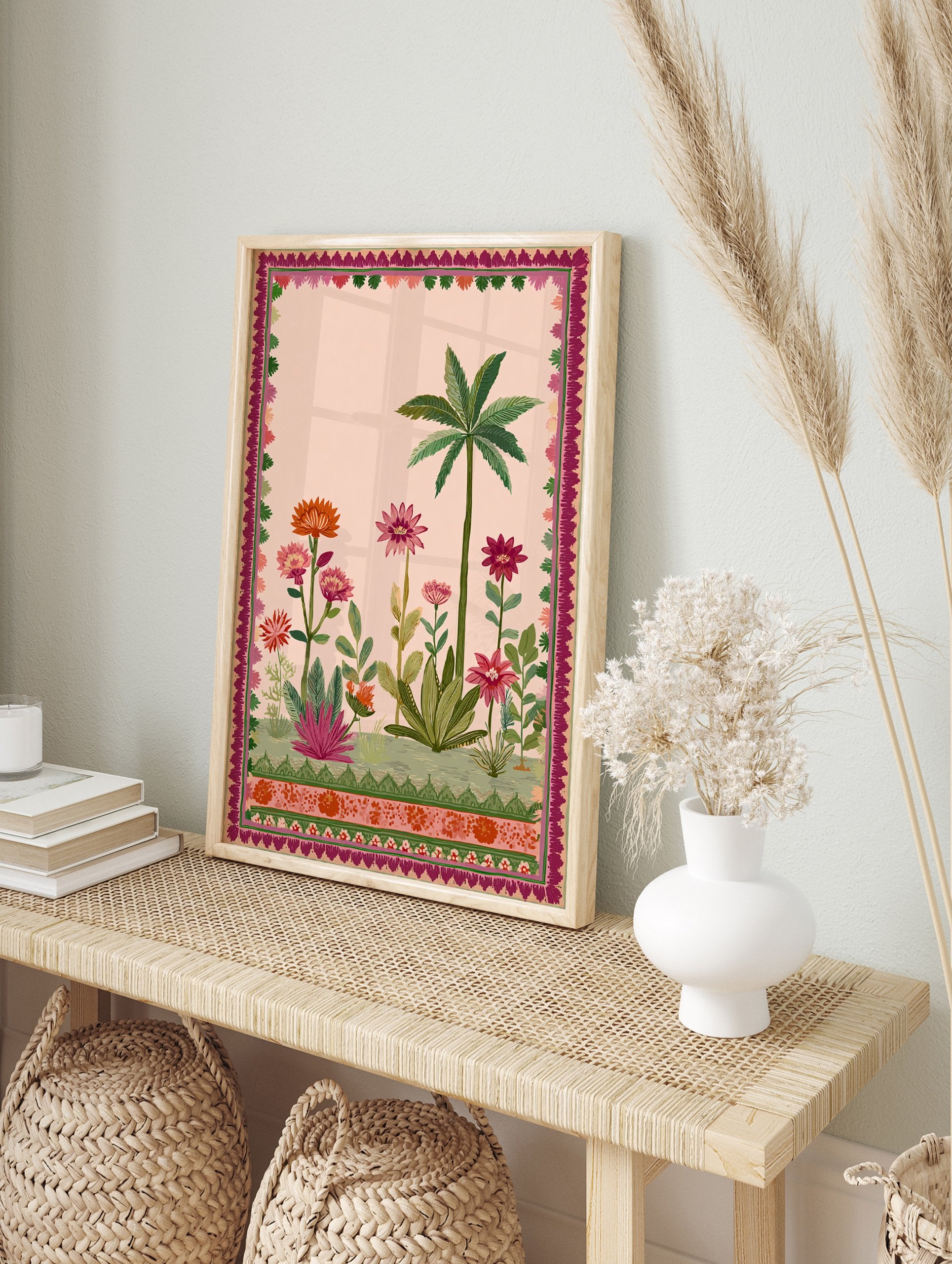 Indian botanical garden poster with a pink background, green palm tree, and vibrant pink, orange, and red flowers, framed by a decorative border. - Image 4
