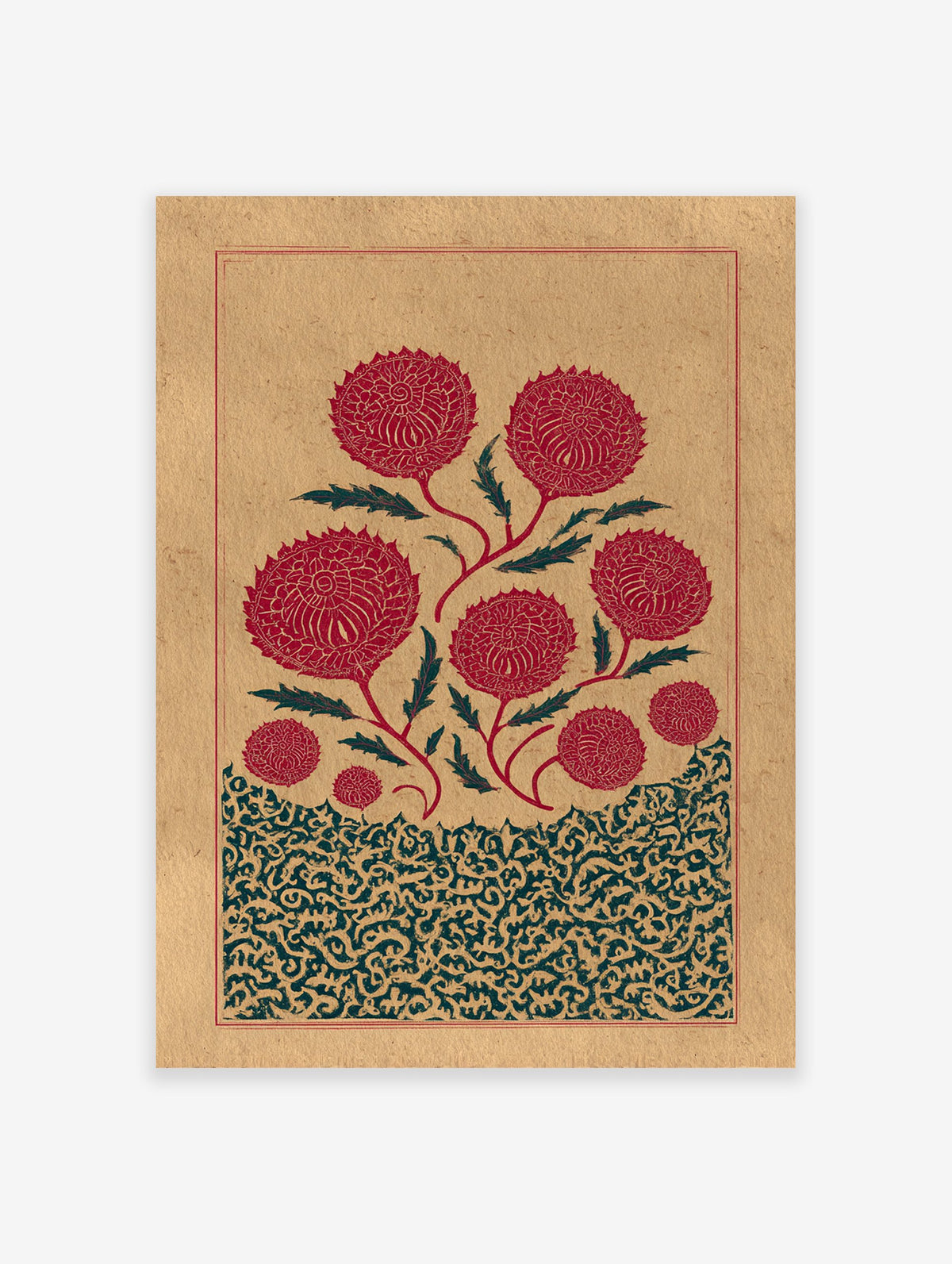 Indian botanical print featuring red stylized flowers and green leaves on a textured brown background with intricate patterns.