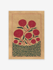 Indian botanical print featuring red stylized flowers and green leaves on a textured brown background with intricate patterns.