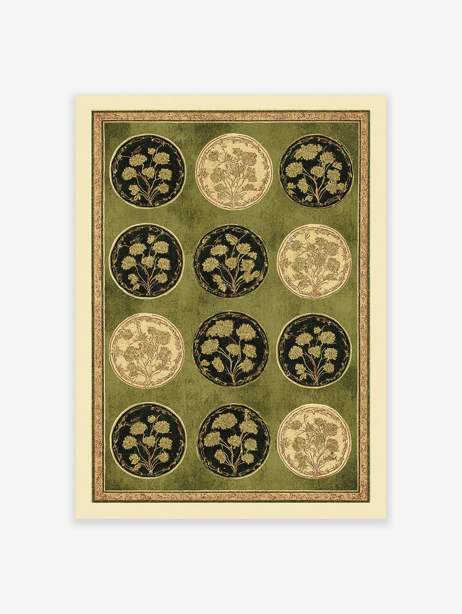 Indian botanical wall art print with twelve circular Mughal floral motifs in green and gold on a textured background