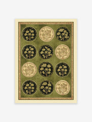 Indian botanical wall art print with twelve circular Mughal floral motifs in green and gold on a textured background