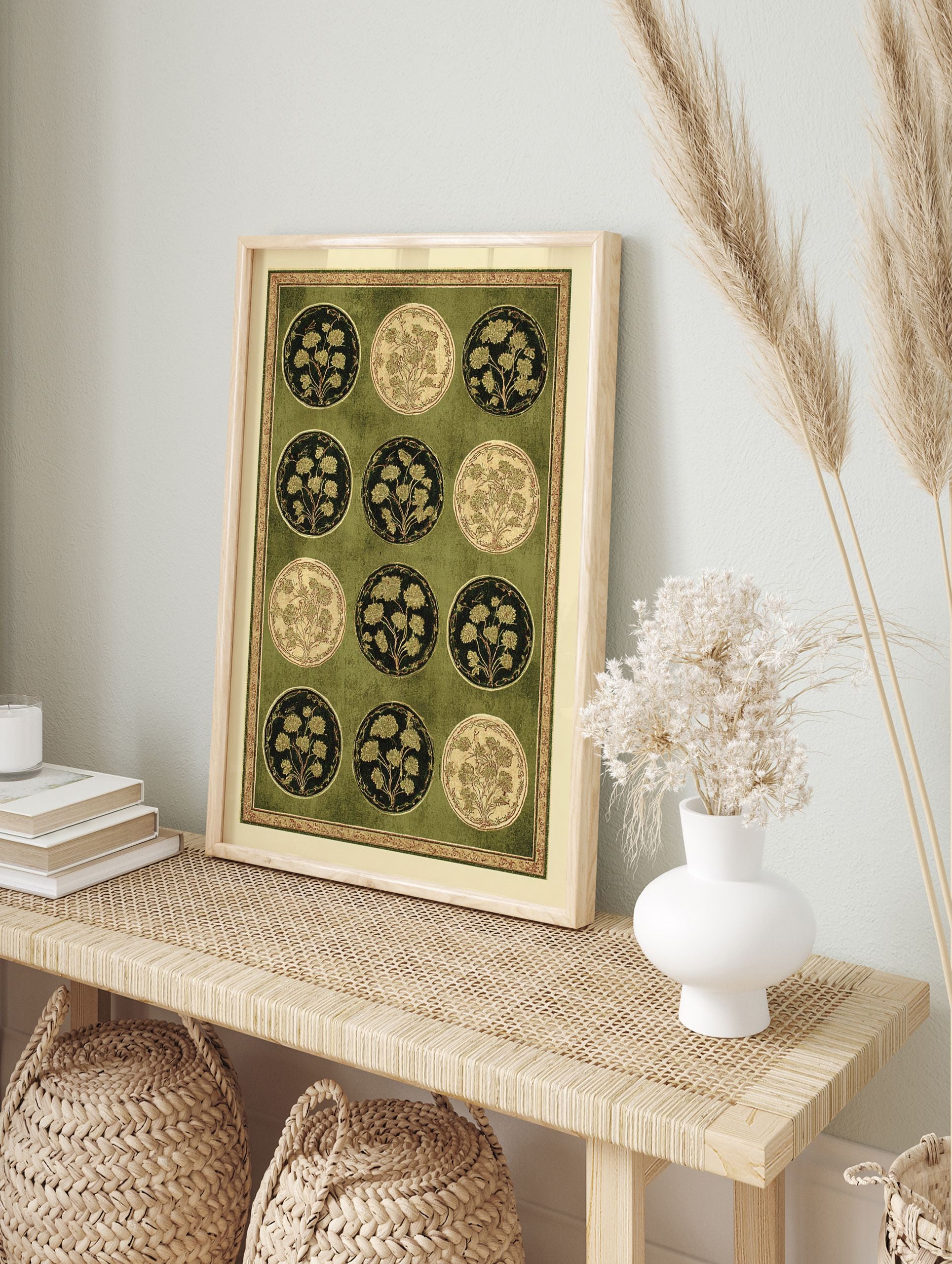 Indian botanical wall art print with twelve circular Mughal floral motifs in green and gold on a textured background - Image 3