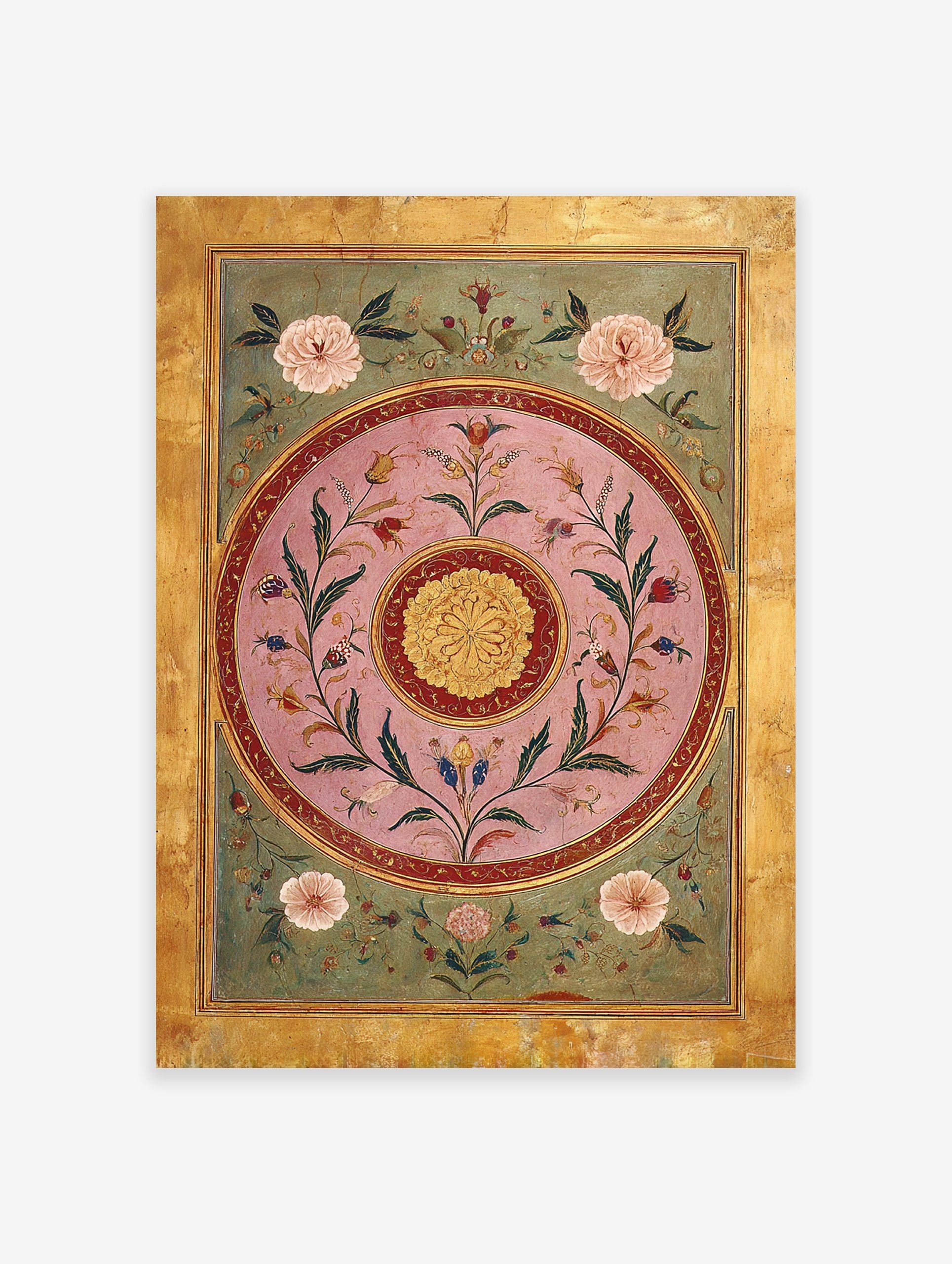 Indian botanical wall art featuring intricate Mughal-style floral patterns in pink, green, and gold, with a golden border.