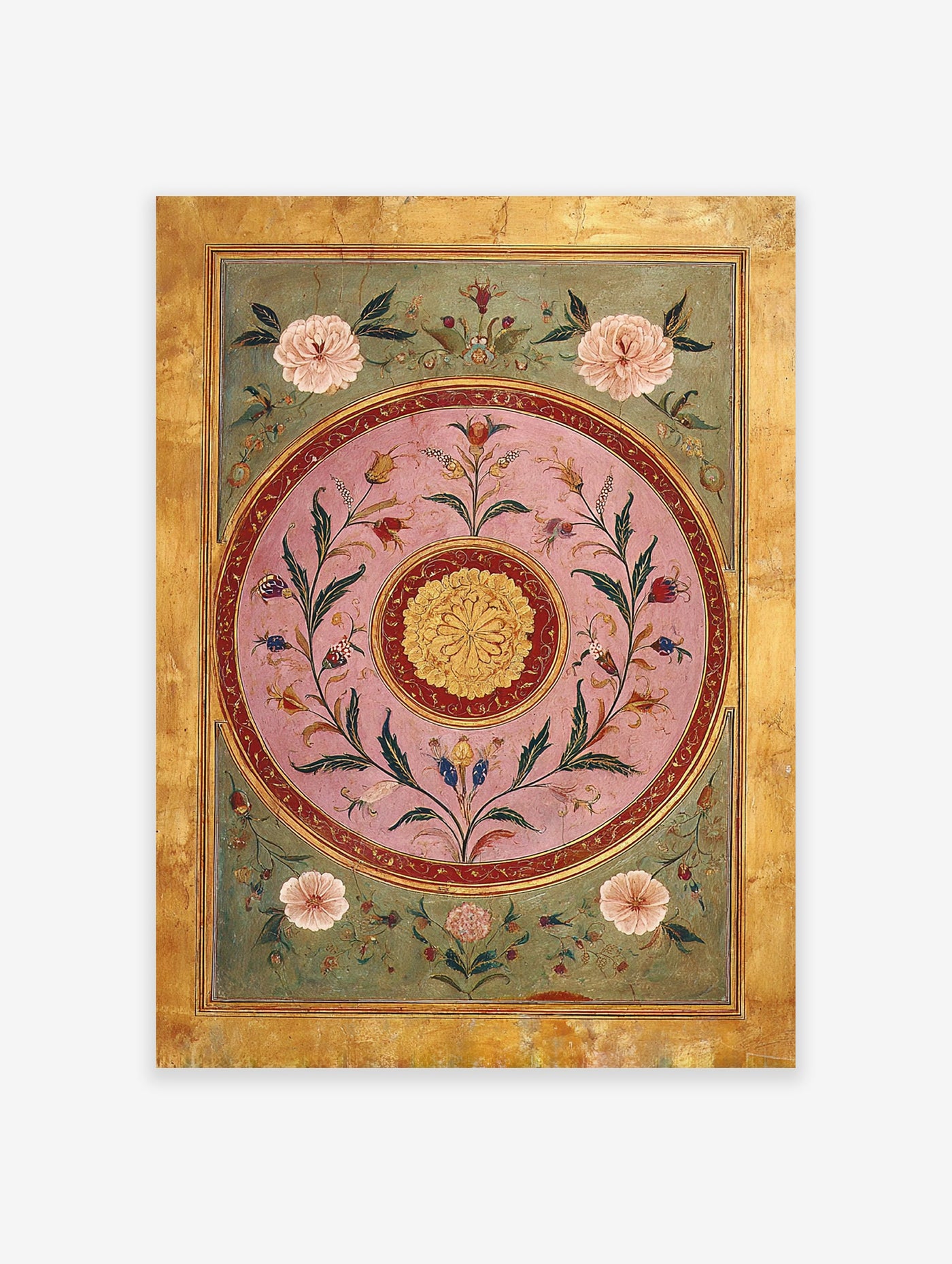 Indian botanical wall art featuring intricate Mughal-style floral patterns in pink, green, and gold, with a golden border.