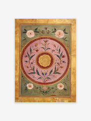 Indian botanical wall art featuring intricate Mughal-style floral patterns in pink, green, and gold, with a golden border.
