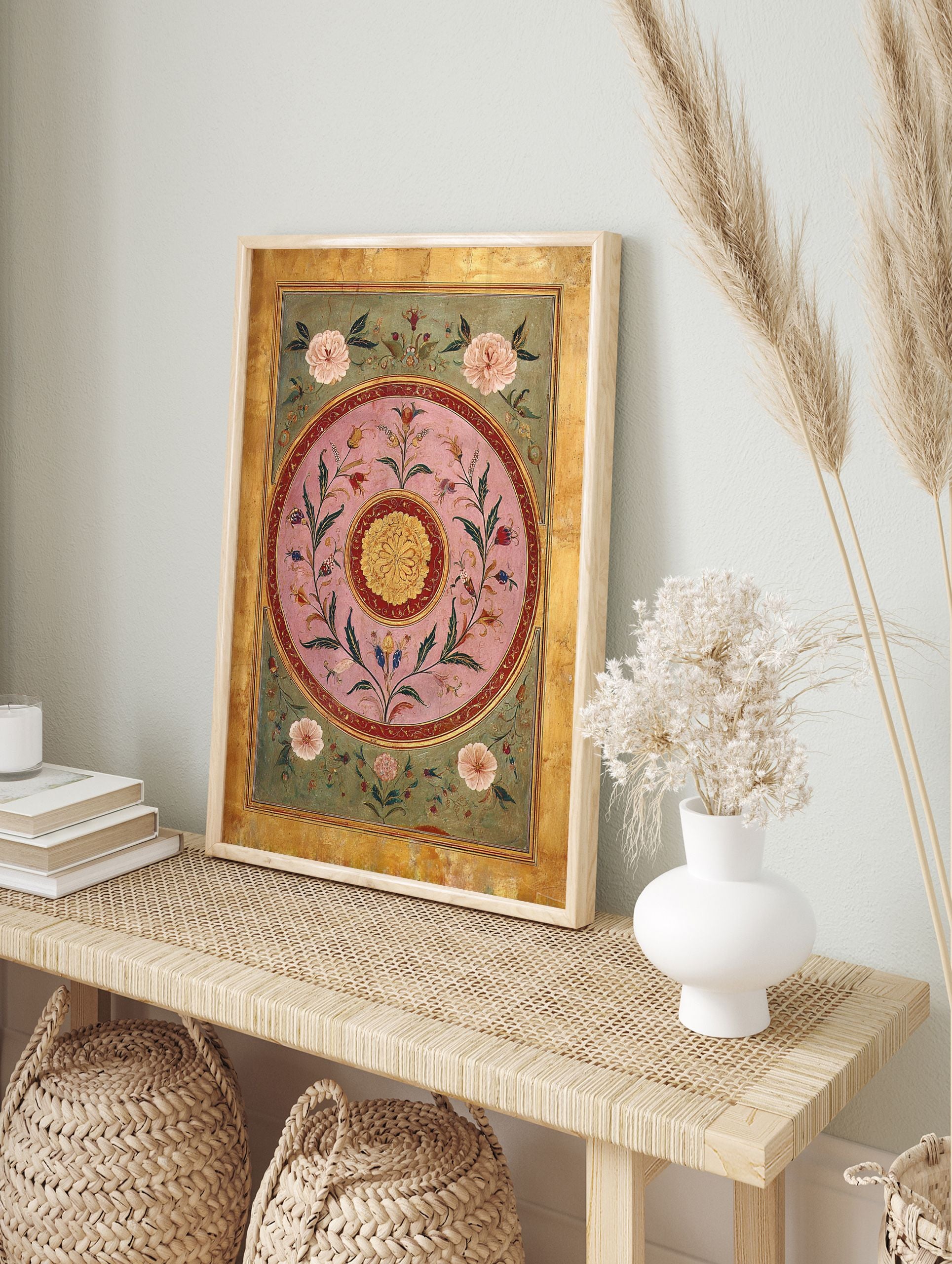 Indian botanical wall art featuring intricate Mughal-style floral patterns in pink, green, and gold, with a golden border. - Image 3