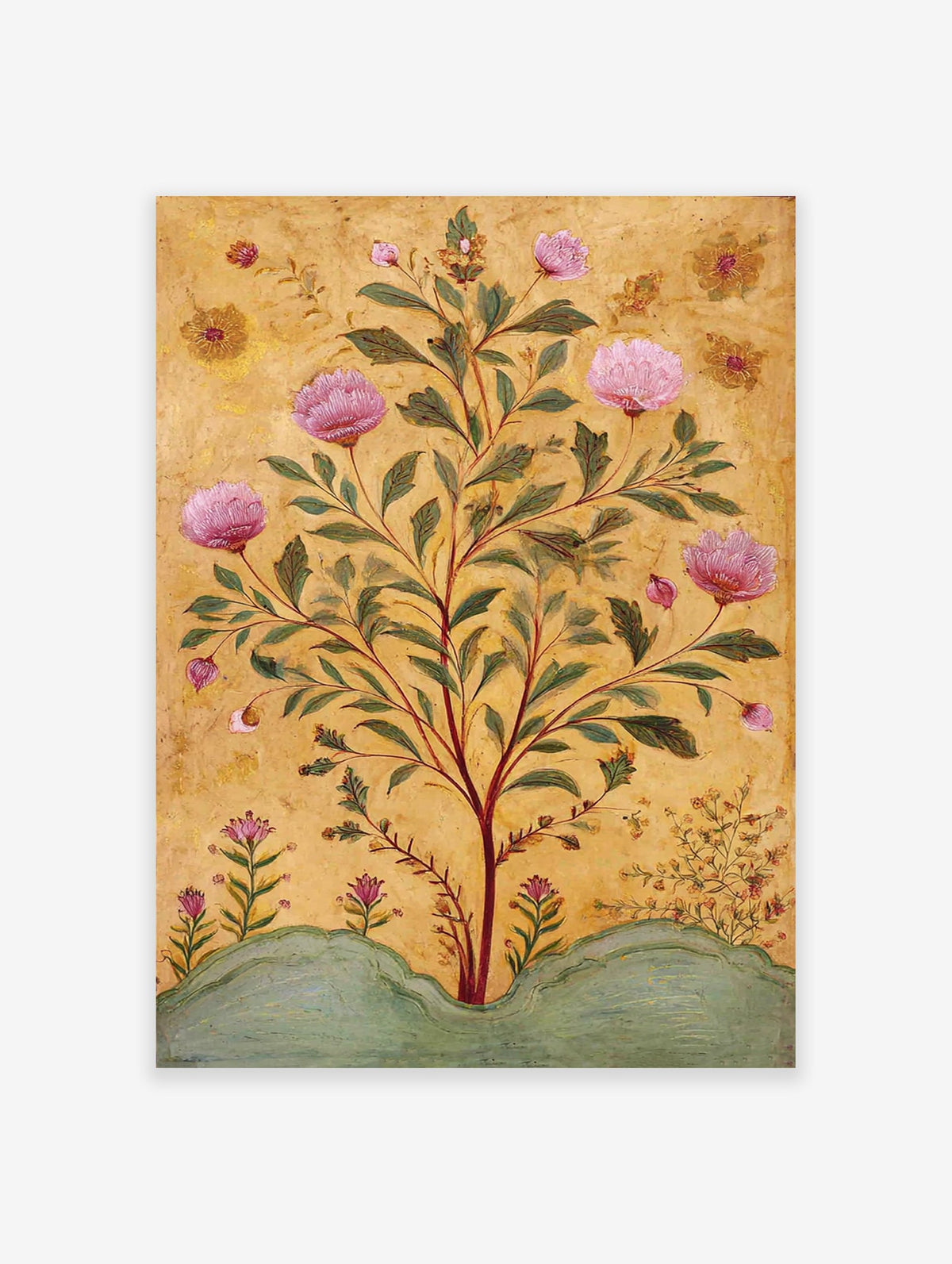 Indian botanical wall art print featuring a pink flowering plant with green leaves on a textured golden background.