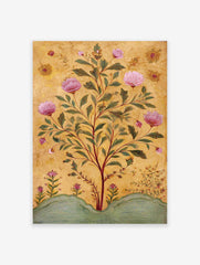 Indian botanical wall art print featuring a pink flowering plant with green leaves on a textured golden background.