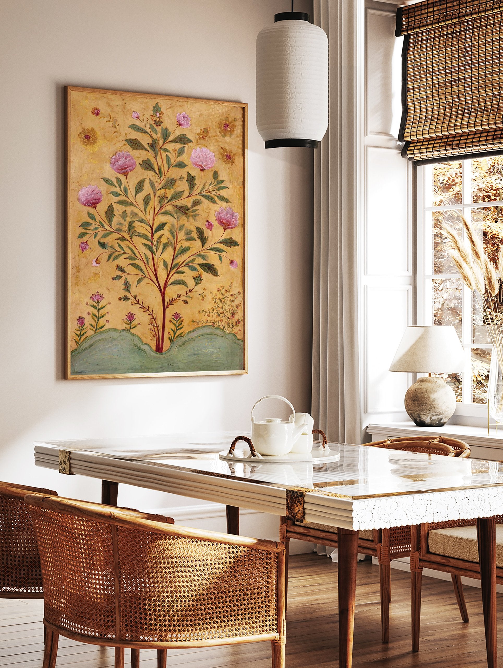 Indian botanical wall art print featuring a pink flowering plant with green leaves on a textured golden background. - Image 2