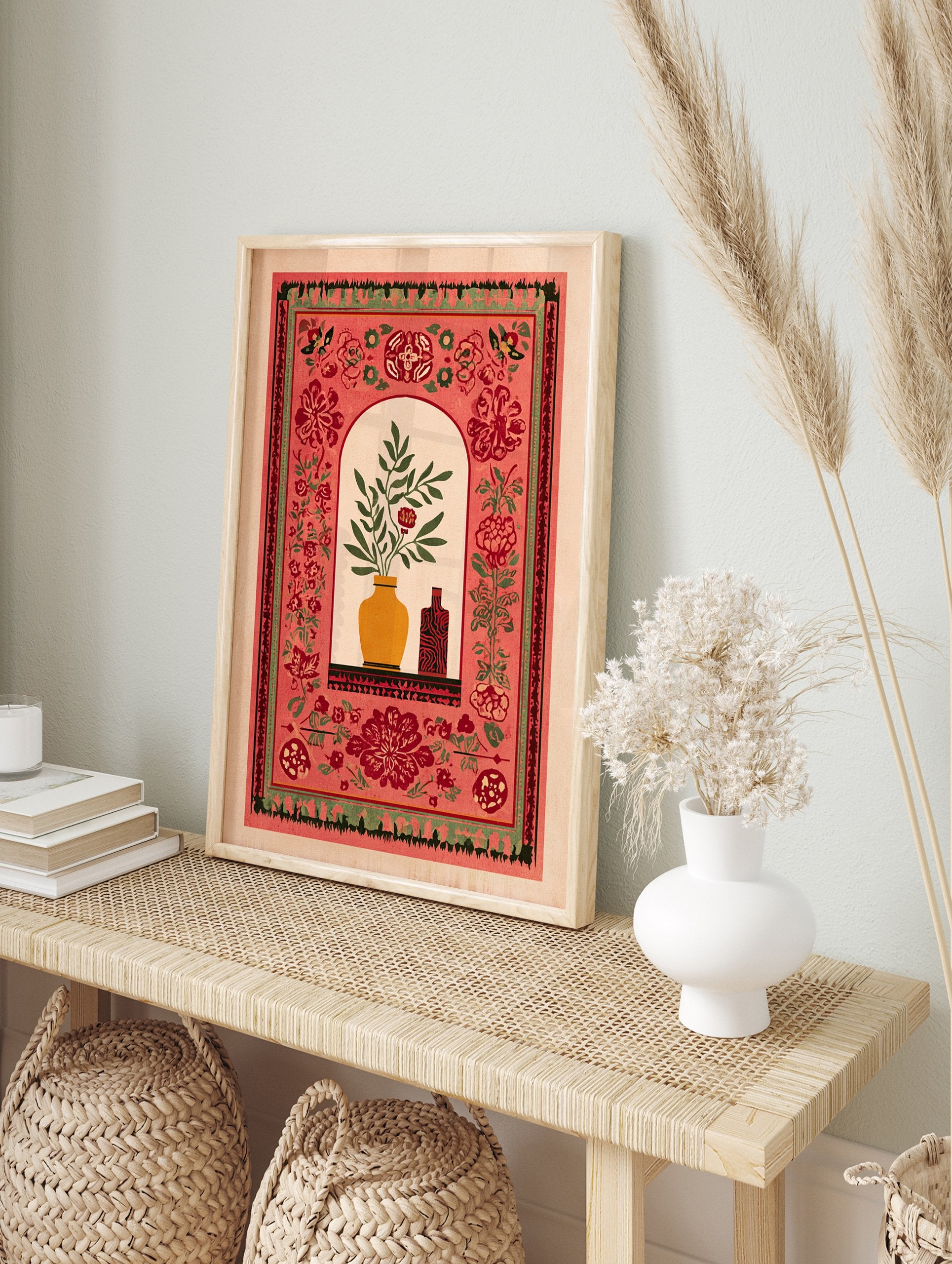 Indian botanical wall art print featuring a red floral design, yellow vase with green leaves, and patterned border on a light background. - Image 3