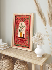 Indian botanical wall art print featuring a red floral design, yellow vase with green leaves, and patterned border on a light background. - Image 3