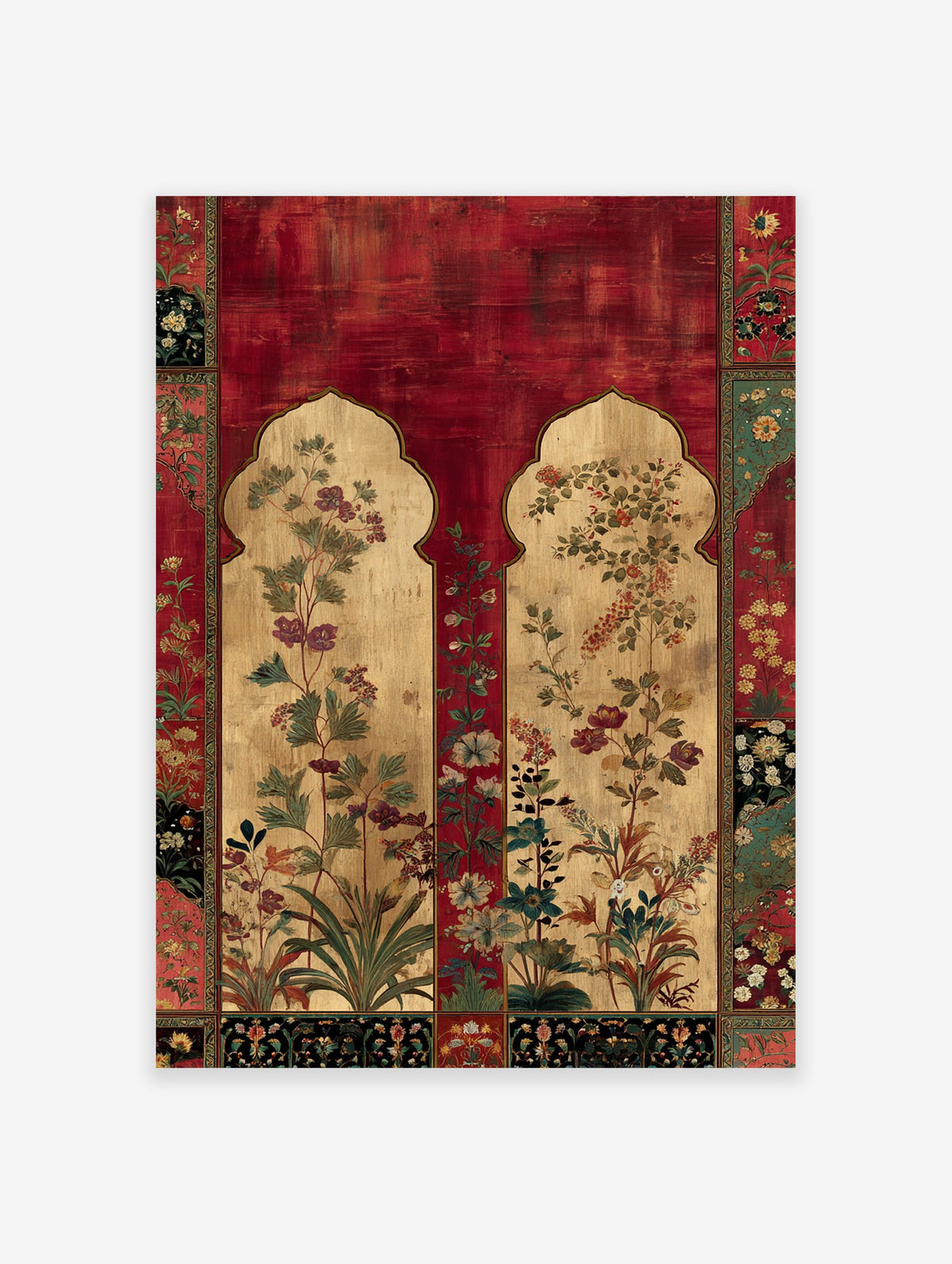 Indian botanical wall art print featuring rich red background, gold archways, and detailed floral illustrations.