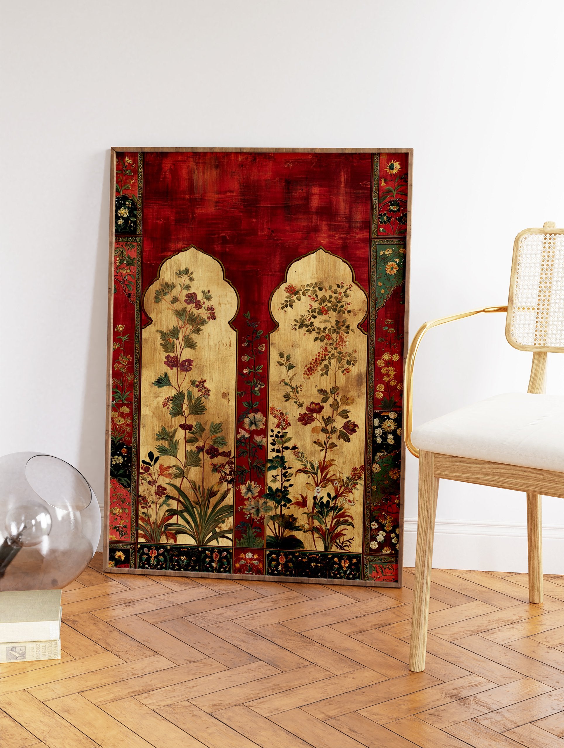 Indian botanical wall art print featuring rich red background, gold archways, and detailed floral illustrations. - Image 2