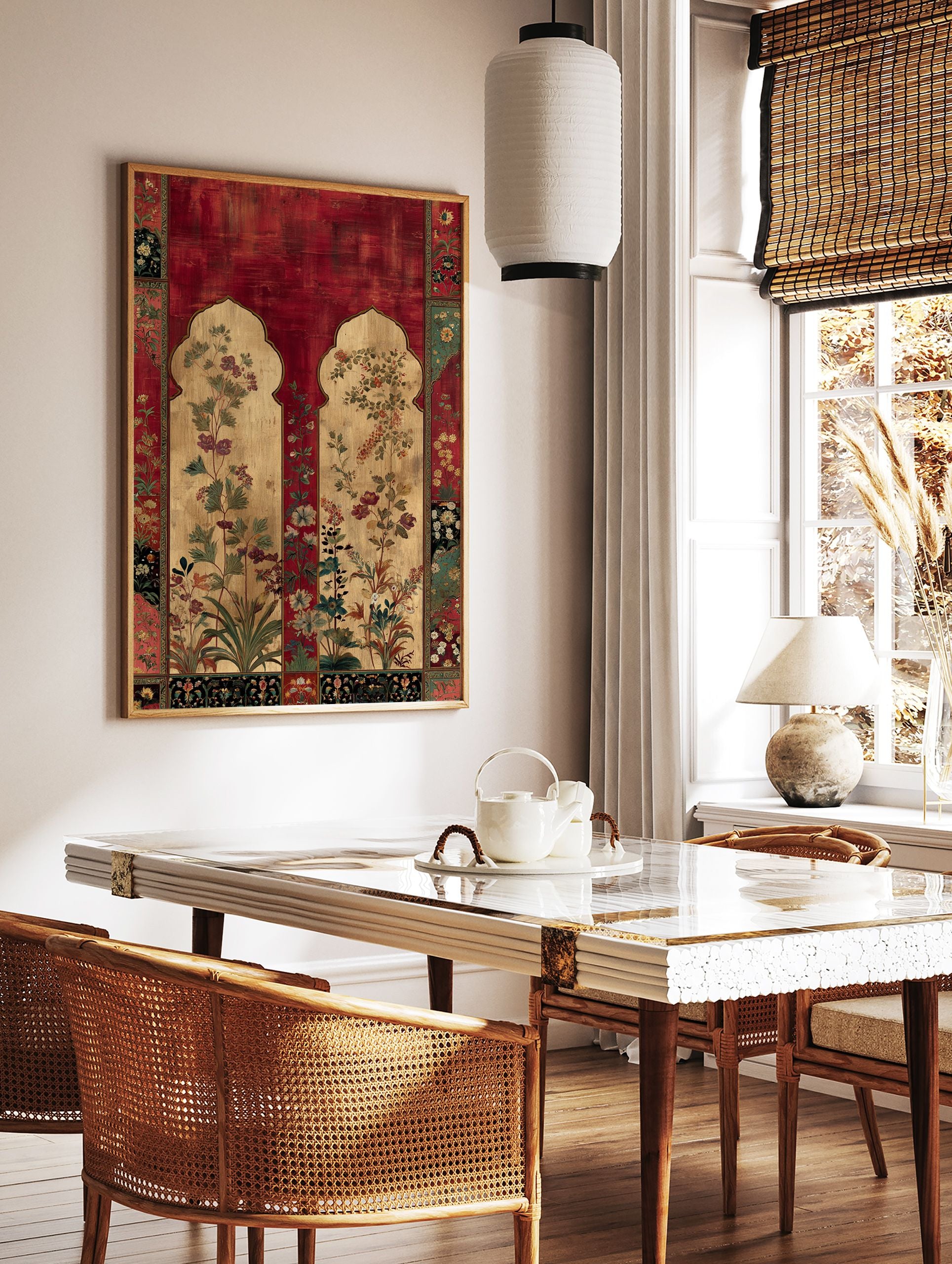 Indian botanical wall art print featuring rich red background, gold archways, and detailed floral illustrations. - Image 3