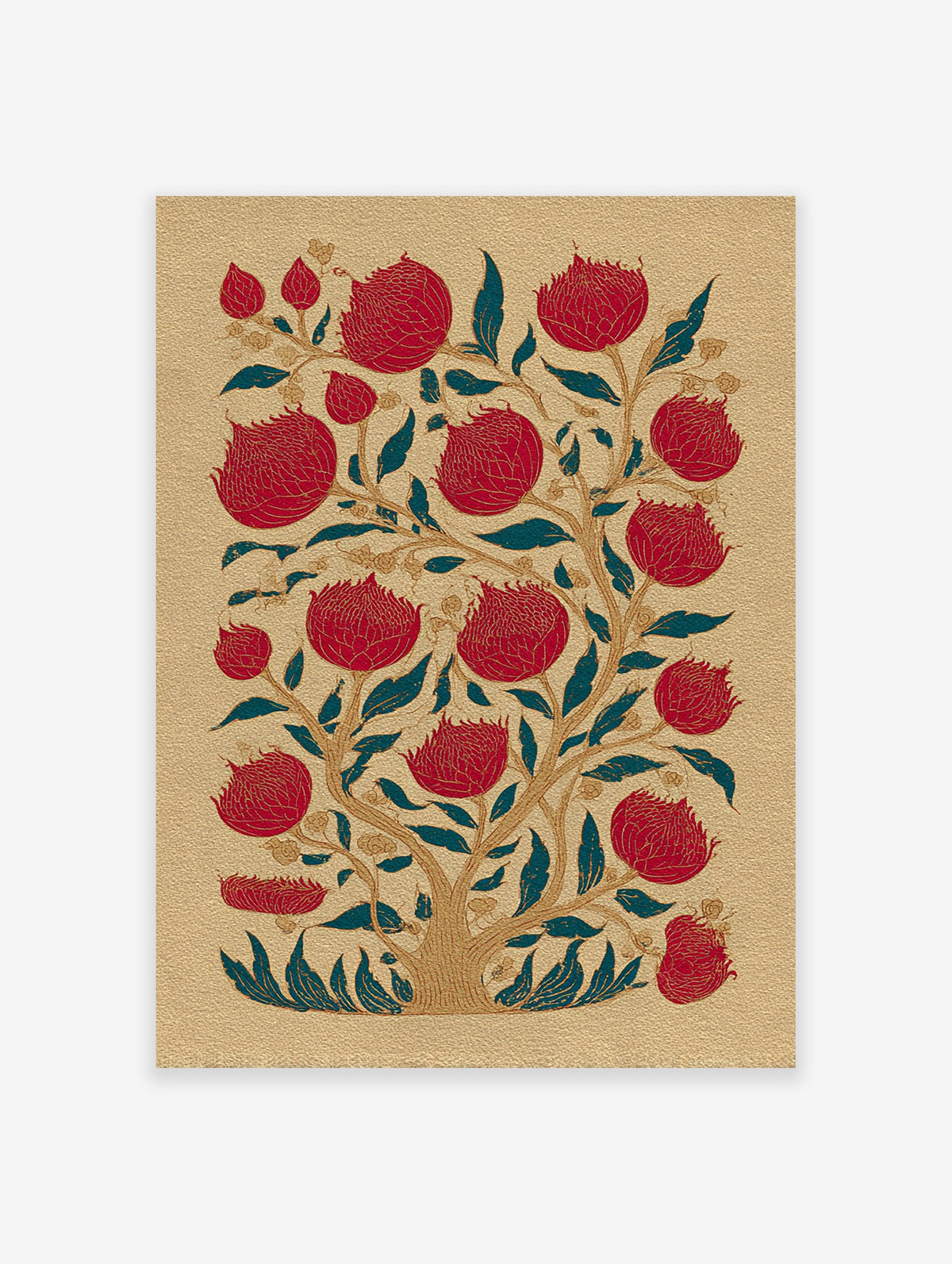 Indian botanical wall art featuring a stylized tree with red pomegranate flowers, teal leaves, and gold branches on a textured gold background.