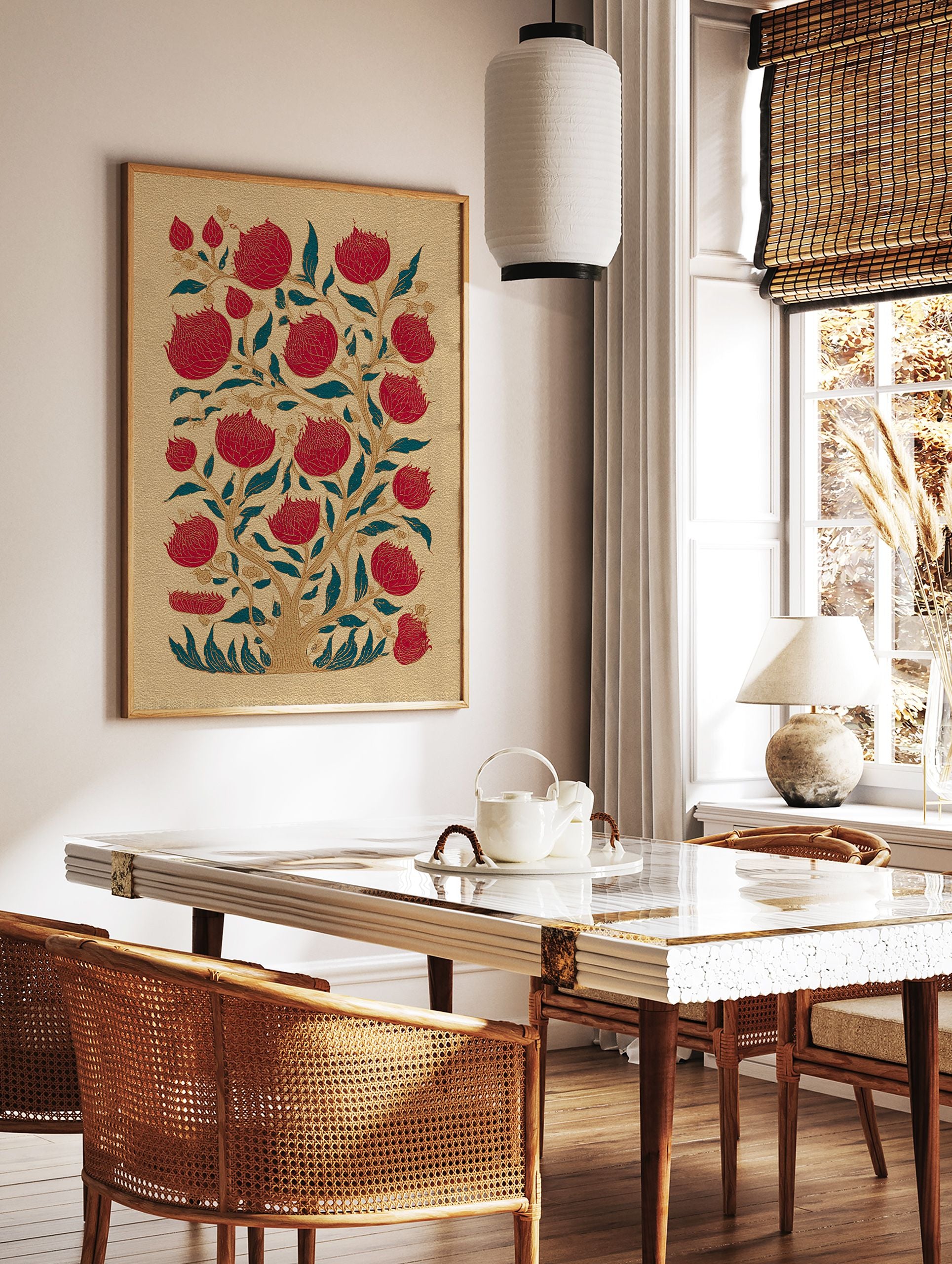 Indian botanical wall art featuring a stylized tree with red pomegranate flowers, teal leaves, and gold branches on a textured gold background. - Image 2