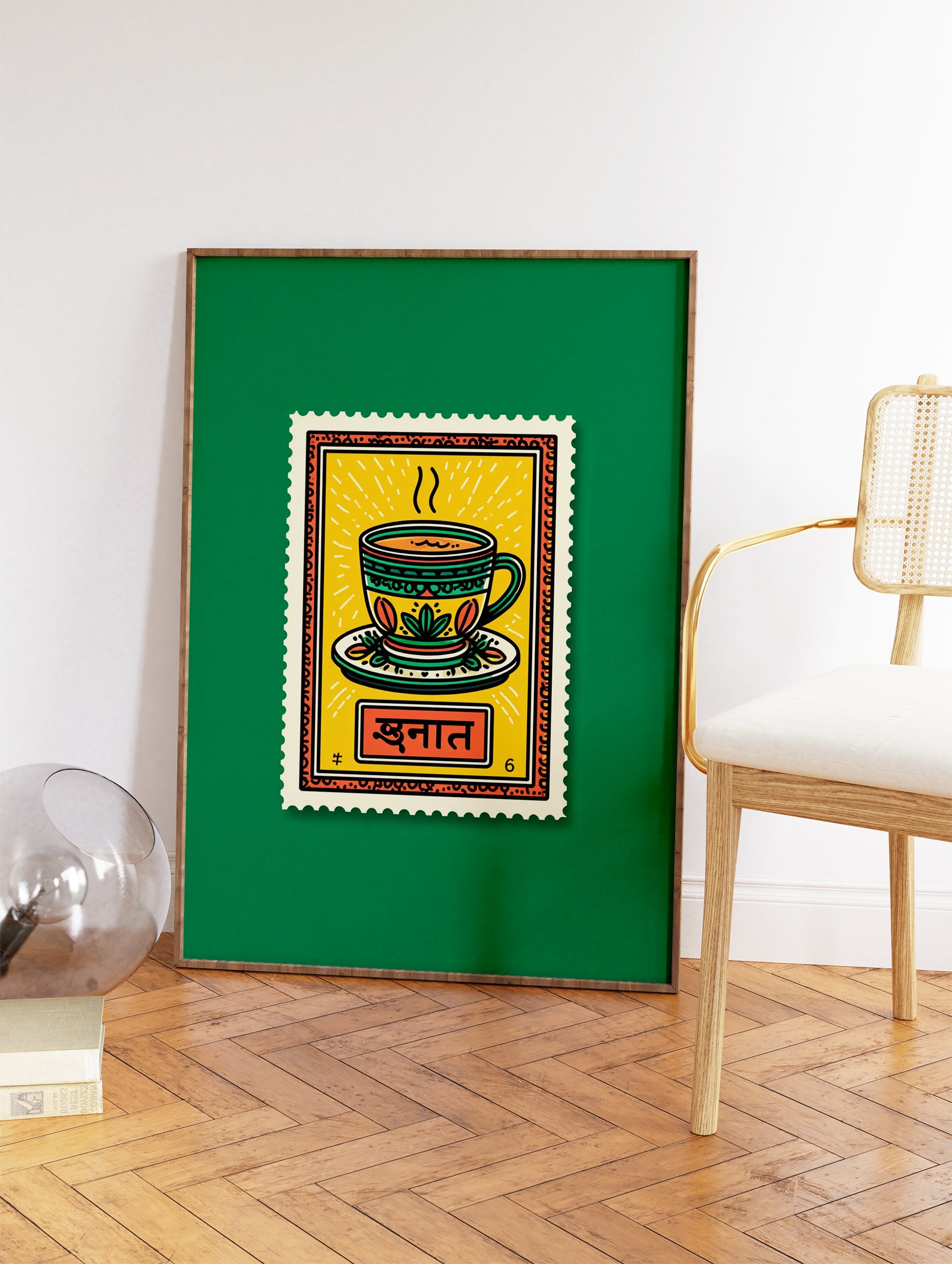 Vibrant Indian Chai Tea Cup Wall Art print styled as a vintage postage stamp with yellow, green, and orange colors. - Image 2