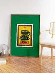 Vibrant Indian Chai Tea Cup Wall Art print styled as a vintage postage stamp with yellow, green, and orange colors. - Image 2