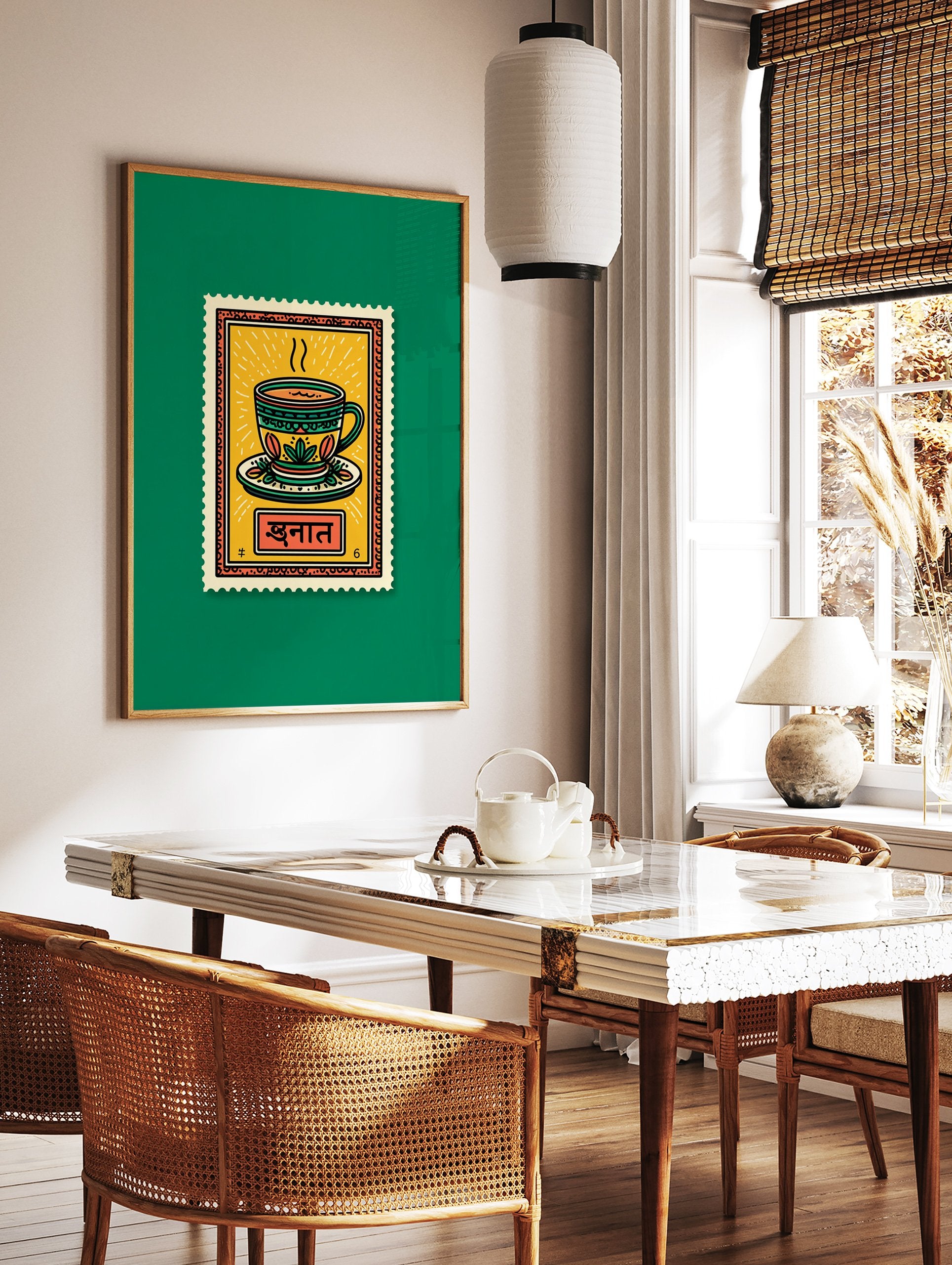 Vibrant Indian Chai Tea Cup Wall Art print styled as a vintage postage stamp with yellow, green, and orange colors. - Image 3