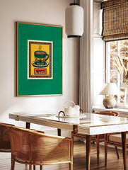 Vibrant Indian Chai Tea Cup Wall Art print styled as a vintage postage stamp with yellow, green, and orange colors. - Image 3