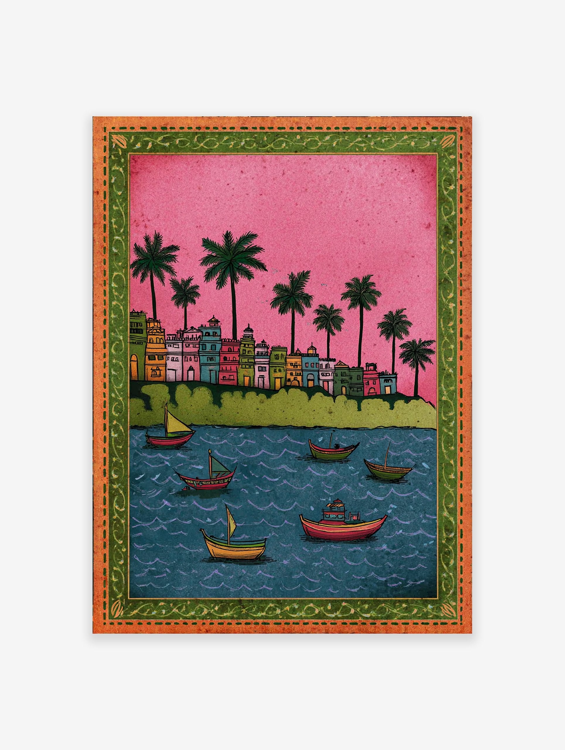 Colorful Indian cityscape wall art with buildings, palm trees, and boats on blue water under a pink sky, ornate border.