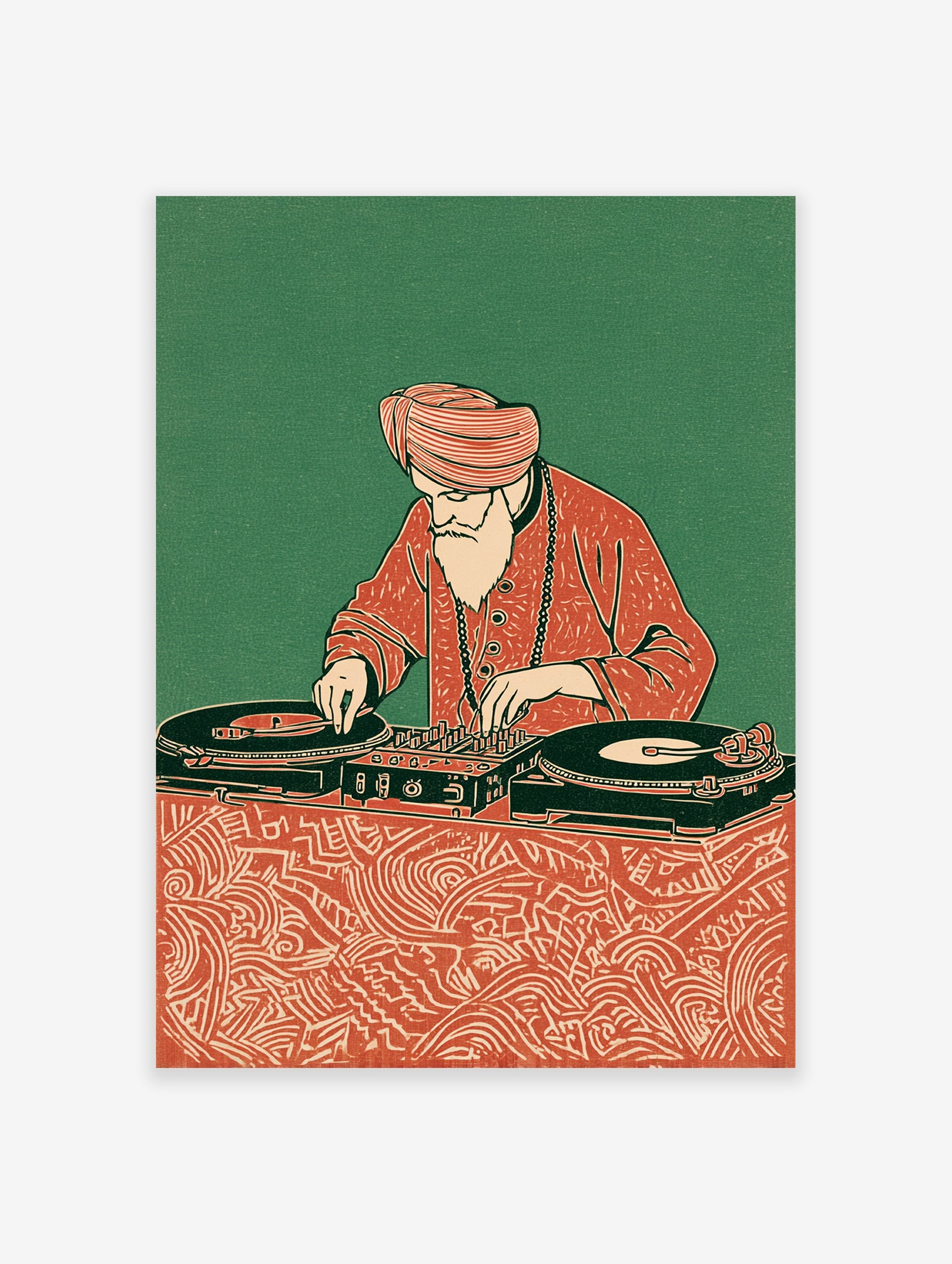 Illustration of a turbaned Indian man with a white beard operating DJ turntables and mixer, against a green background.