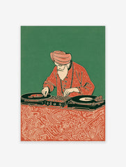 Illustration of a turbaned Indian man with a white beard operating DJ turntables and mixer, against a green background.
