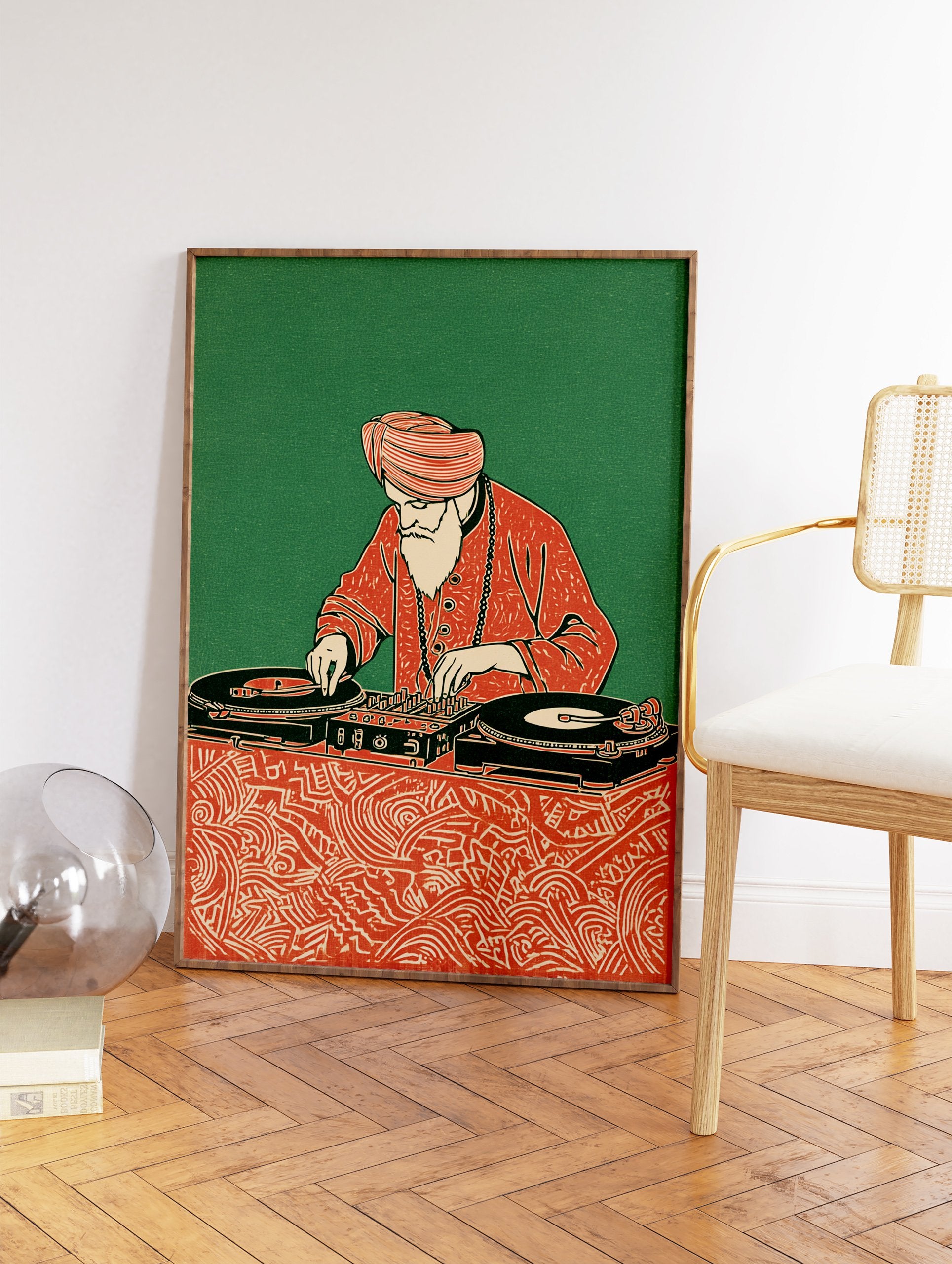 Illustration of a turbaned Indian man with a white beard operating DJ turntables and mixer, against a green background. - Image 2