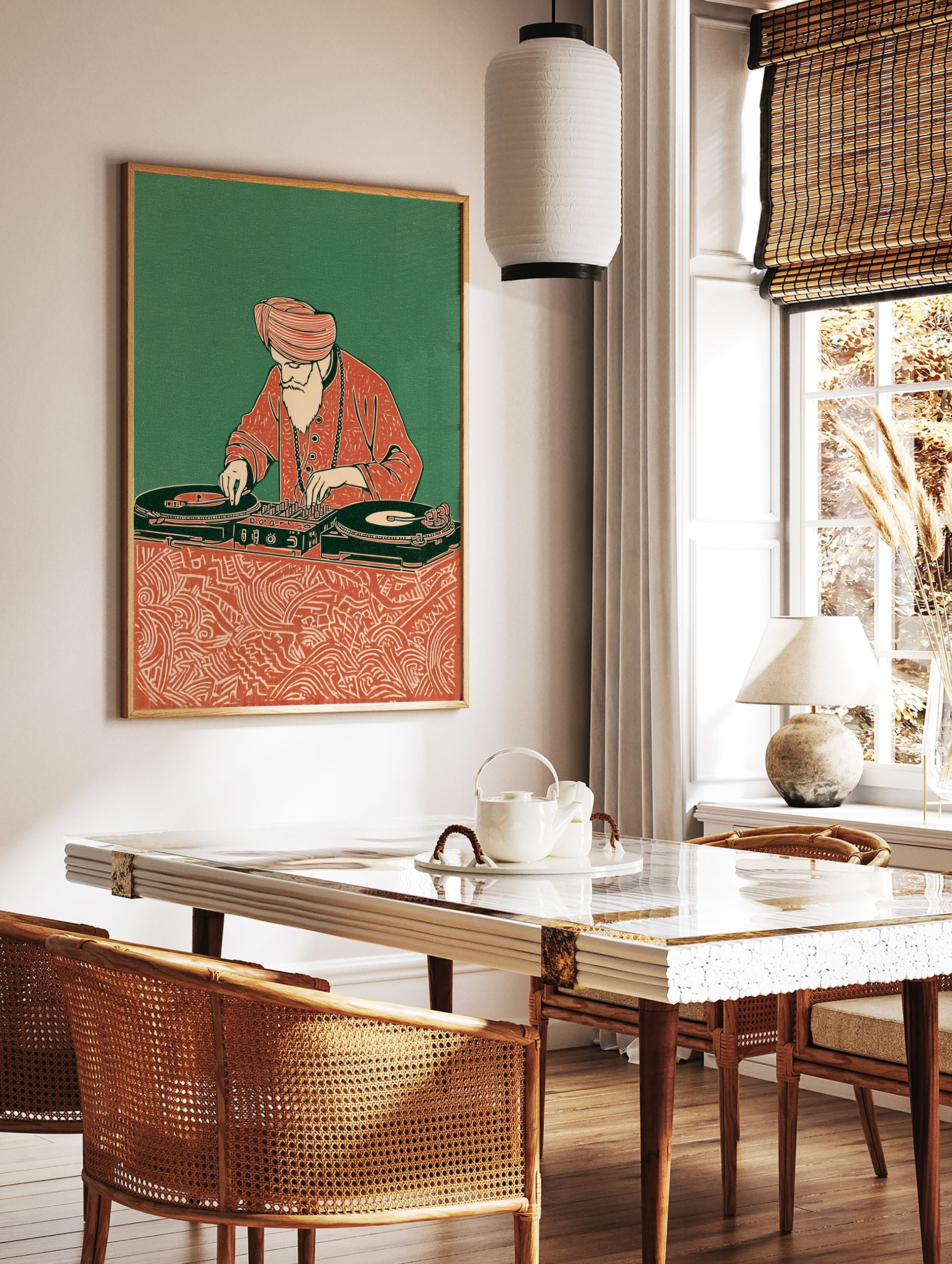 Illustration of a turbaned Indian man with a white beard operating DJ turntables and mixer, against a green background. - Image 3
