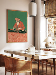 Illustration of a turbaned Indian man with a white beard operating DJ turntables and mixer, against a green background. - Image 3