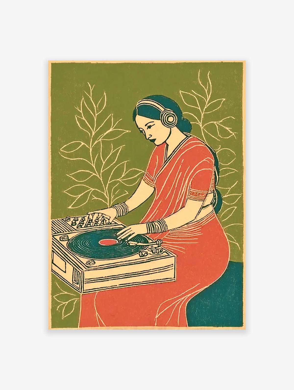 Stylized Indian woman DJing with headphones and red sari on a turntable against a green background with white leaves. Indian DJ Art Print.