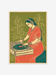 Stylized Indian woman DJing with headphones and red sari on a turntable against a green background with white leaves. Indian DJ Art Print.