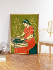 Stylized Indian woman DJing with headphones and red sari on a turntable against a green background with white leaves. Indian DJ Art Print. - Image 2