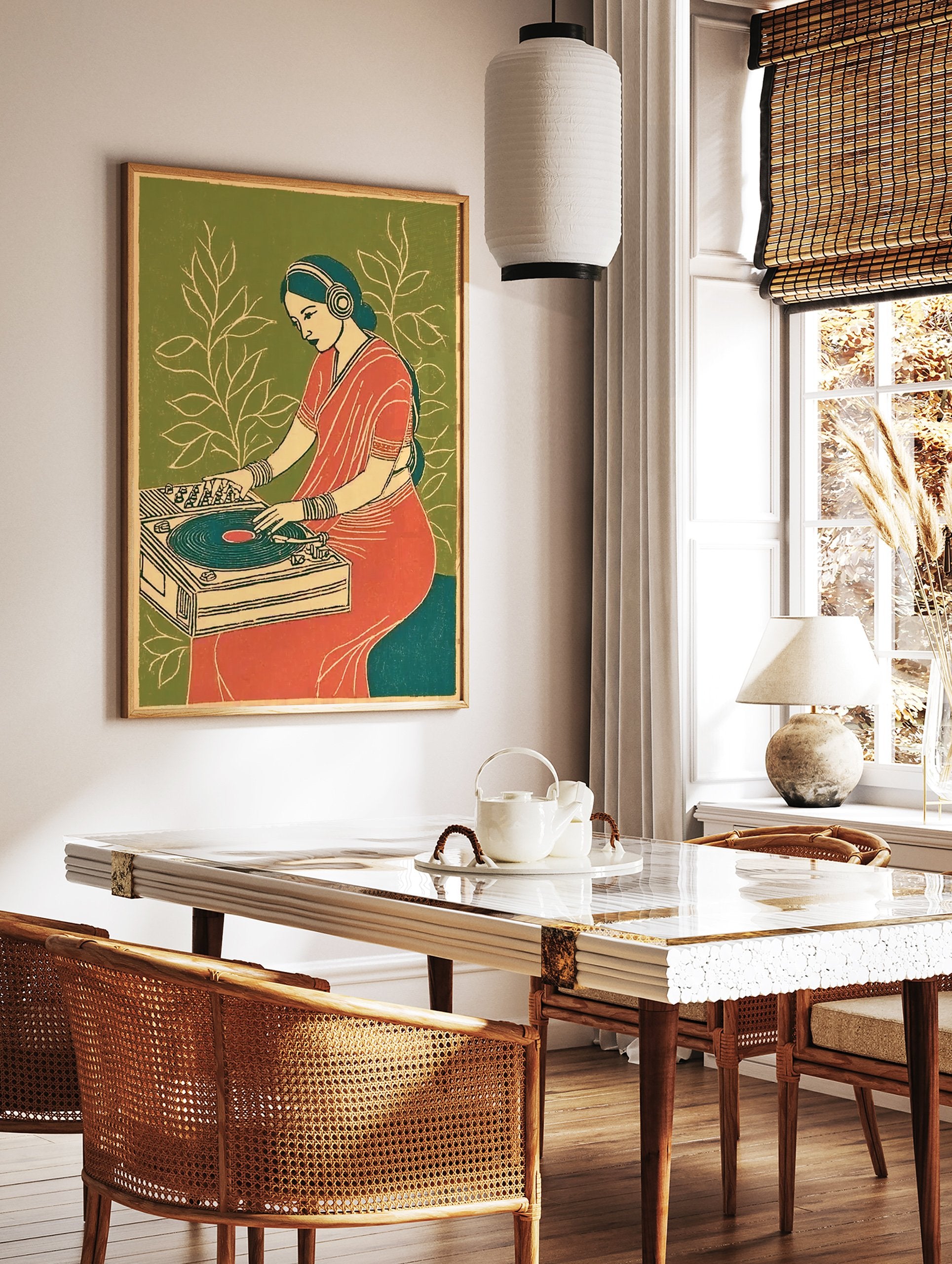 Stylized Indian woman DJing with headphones and red sari on a turntable against a green background with white leaves. Indian DJ Art Print. - Image 3