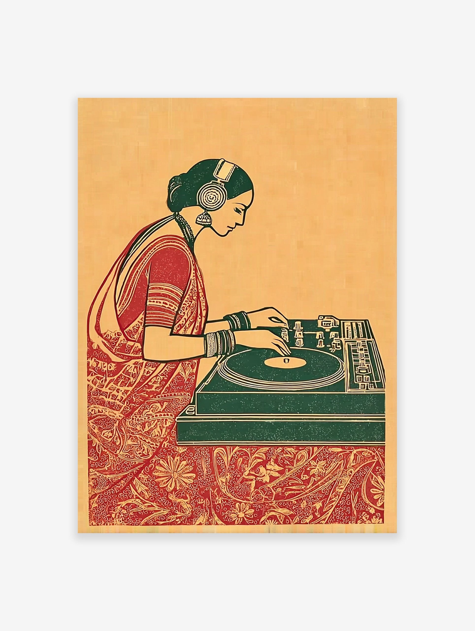 Indian DJ art print of a woman in a red sari and green headphones, mixing music on a turntable with intricate patterns.